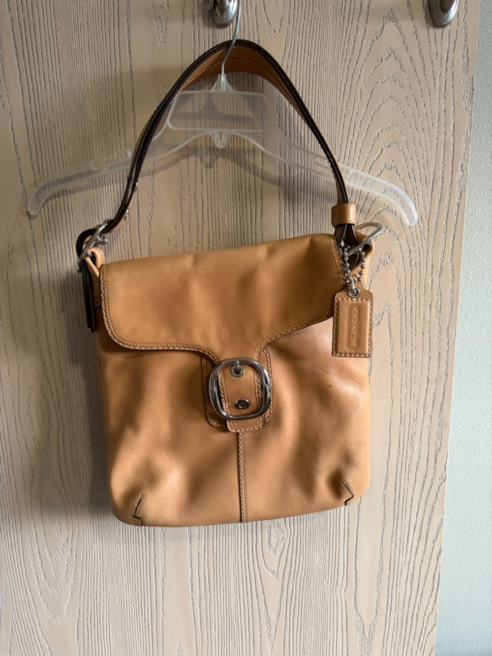 Coach Medium SoHo Tan Leather Shoulder Bag with Buckle Accent